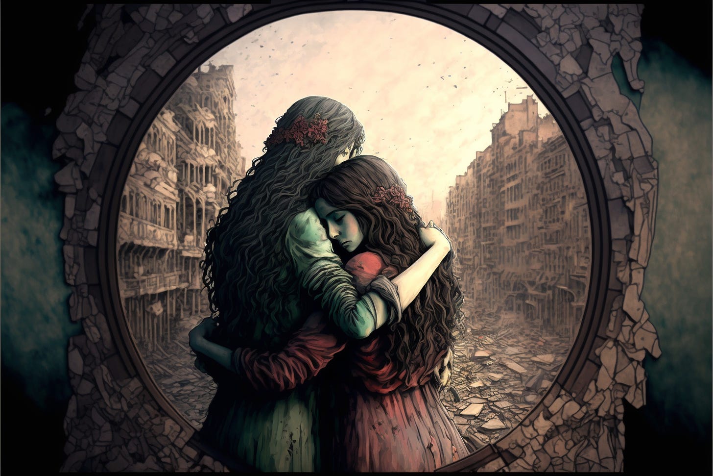 two women hugging in the ruins of a city destroyed by war
