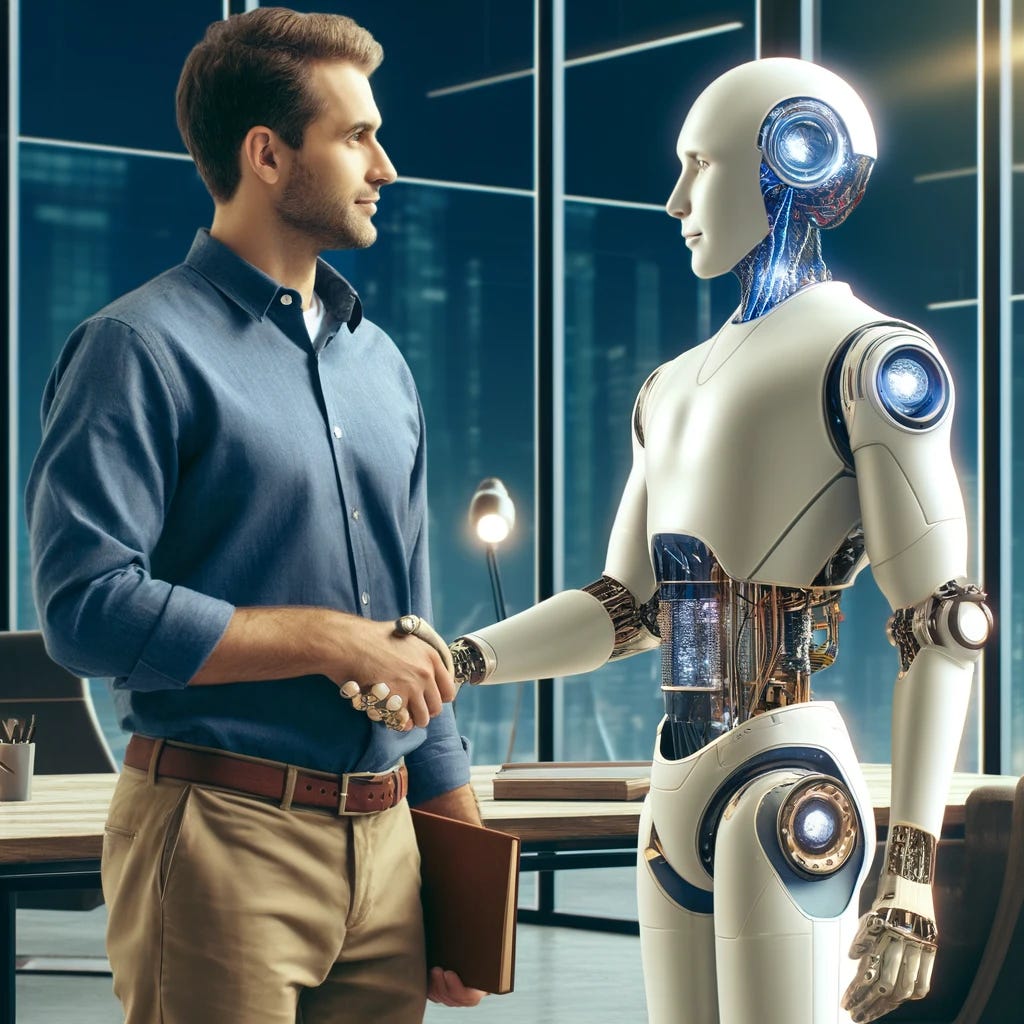 A futuristic scene depicting a human and a robot shaking hands in a friendly and accepting manner. The human is a middle-aged Caucasian male, dressed in a smart casual outfit with a blue shirt and khaki pants. The robot is humanoid, sleek, and metallic with visible gears and LED lights, symbolizing advanced technology. The background is a modern office with glass walls and minimalistic furniture, suggesting a professional setting. This image symbolizes the acceptance and integration of AI in human society.