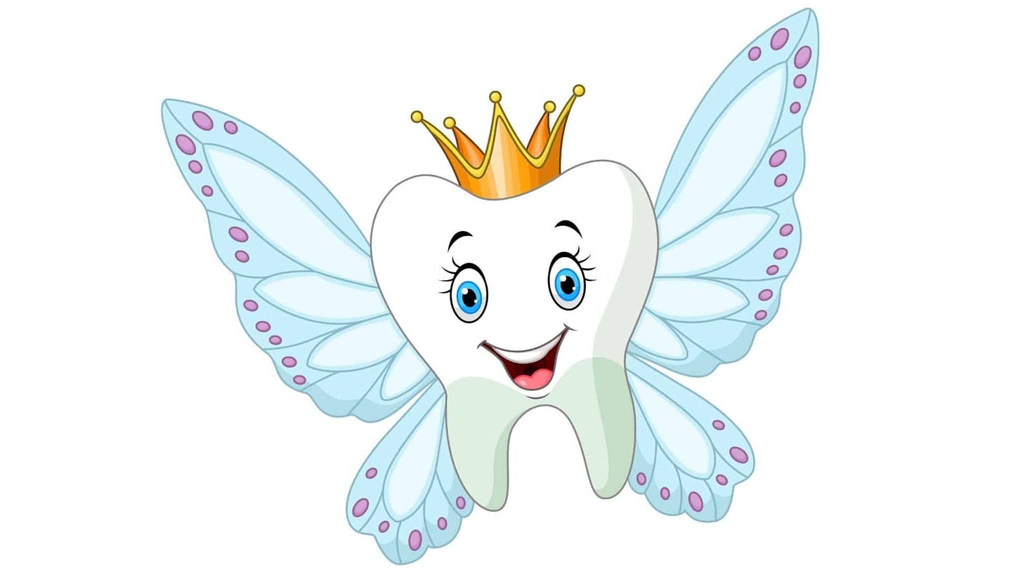Tooth Fairy as tooth with wings, eyes and mouth