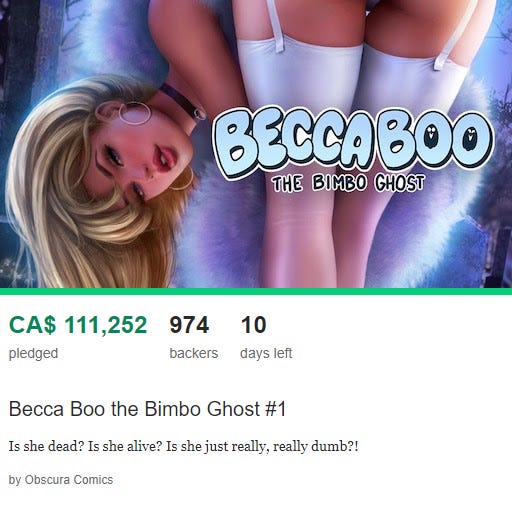 CA$ 111,252 pledged; 974 backers; 10 days left; Becca Boo the Bimbo Ghost #1. Is she dead? Is she alive? Is she just really, really dumb?! by Obscura Comics