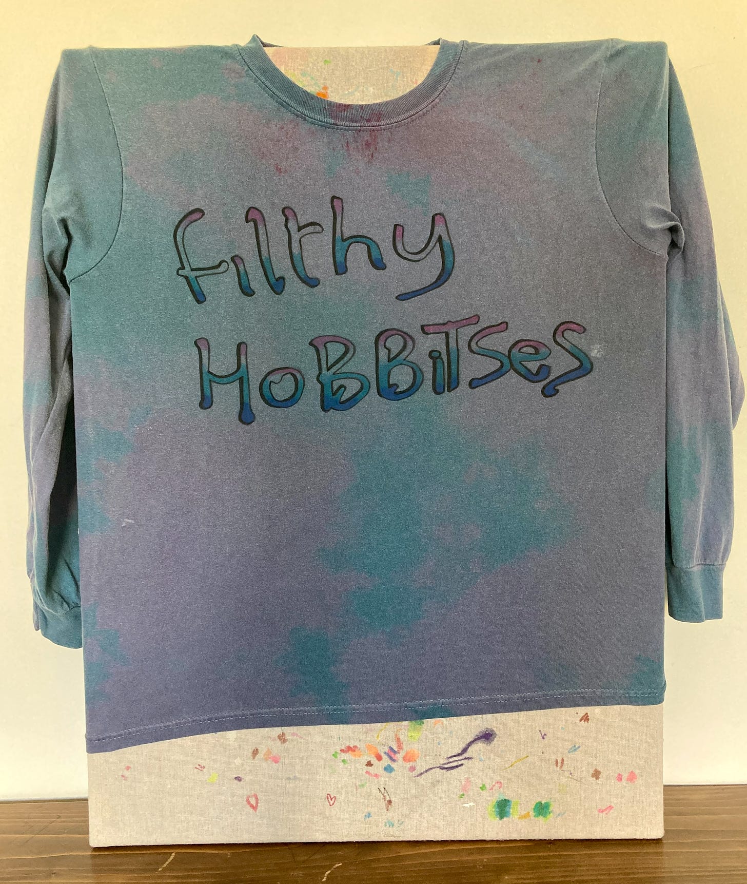 Tie die long sleeve with "Filthy Hobbitses" written in Hobbit font
