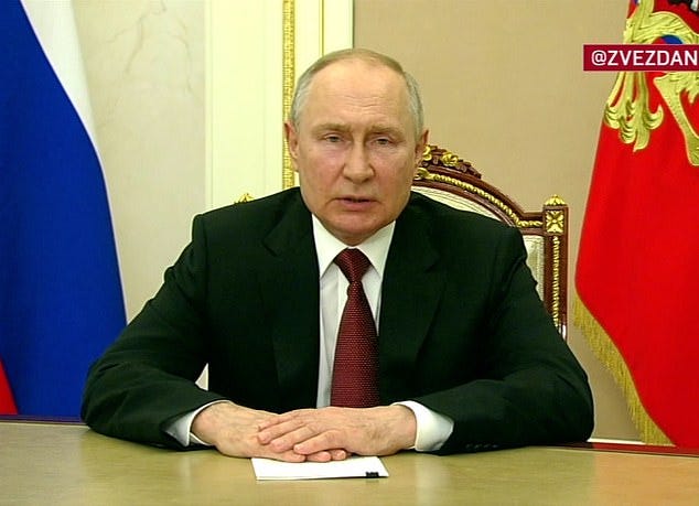 Russian President Vladimir Putin delivers a live televised address to the nation on Monday, but avoided broaching the subject of the Wagner rebellion