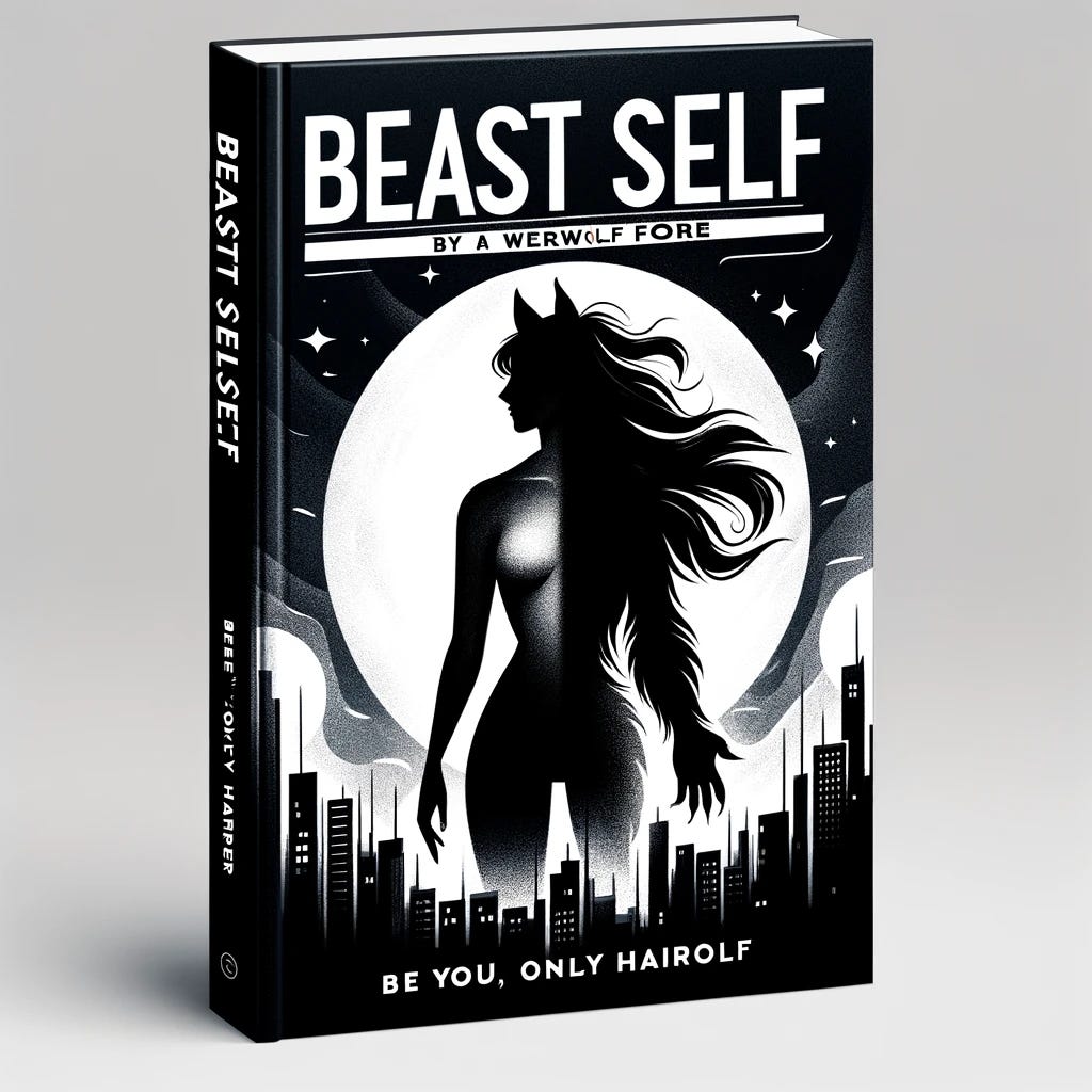 A modern and minimalist monochrome book cover for 'Beast Self: Be You, Only Hairier'. The design encapsulates the unique twist on werewolf lore with a sleek, abstract depiction of transformation and empowerment. It features a silhouette of a woman gradually transforming into a werewolf, symbolizing the reshaping of power and identity. The transition is represented through a mix of sharp and smooth lines, blending human and werewolf features to convey both chaos and liberation. The background hints at a city skyline at night, suggesting the setting where the werewolves roam. This design is bold yet simple, using negative space to highlight the theme of transformation and the breaking of social structures. The title and author's name are in a modern, sans-serif font, aligning with the cover's minimalist aesthetic.