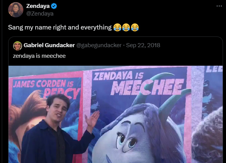 In a 2018 tweet, Zendaya reshares the Zendaya is Meechee meme, and wrote, "Sang my name right and everything." That was such a weird sentence to write, btw.