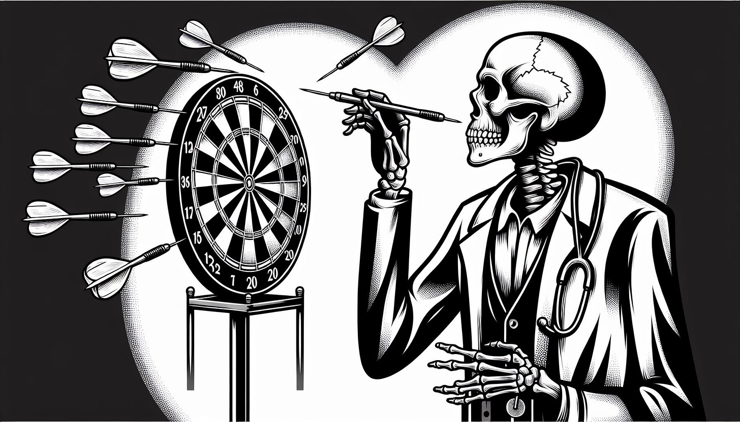 drawing of a skeleton doctor throwing darts at a dart board in black and white art deco style