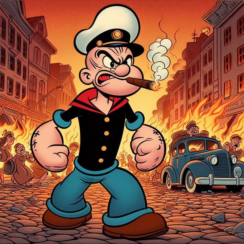 popeye angry in the street of a burning city, 1930s color cartoon