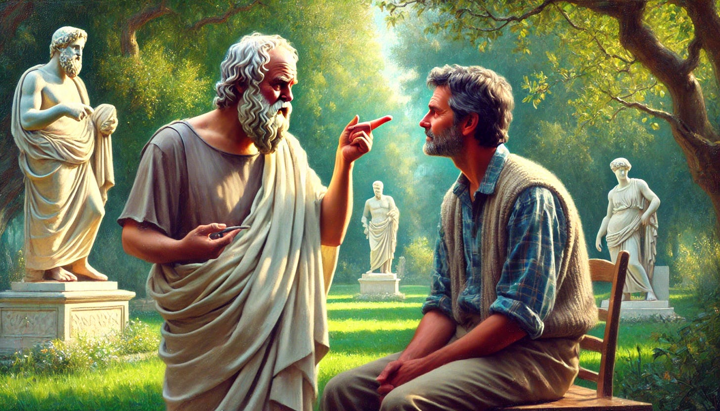 A classical painting of Socrates and a man resembling 'Dad' in a philosophical discussion, Socrates with gray hair and beard, and Dad with brown hair. Socrates is pointing while Dad listens. Background: A serene Greek garden, lush greenery, and ancient statues. Soft morning light, gentle shadows. Created Using: Oil painting technique, impressionist style, loose brushstrokes, vibrant colors, serene atmosphere, detailed facial features, light texture, ethereal lighting