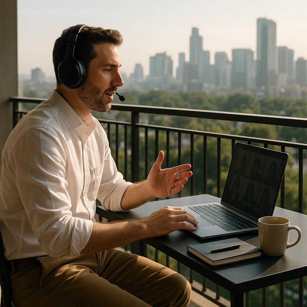 Man wearing a headset, seated on a balcony, speaking during a video call on a laptop with a city skyline in the background. A coffee mug and notebook rest on the table.