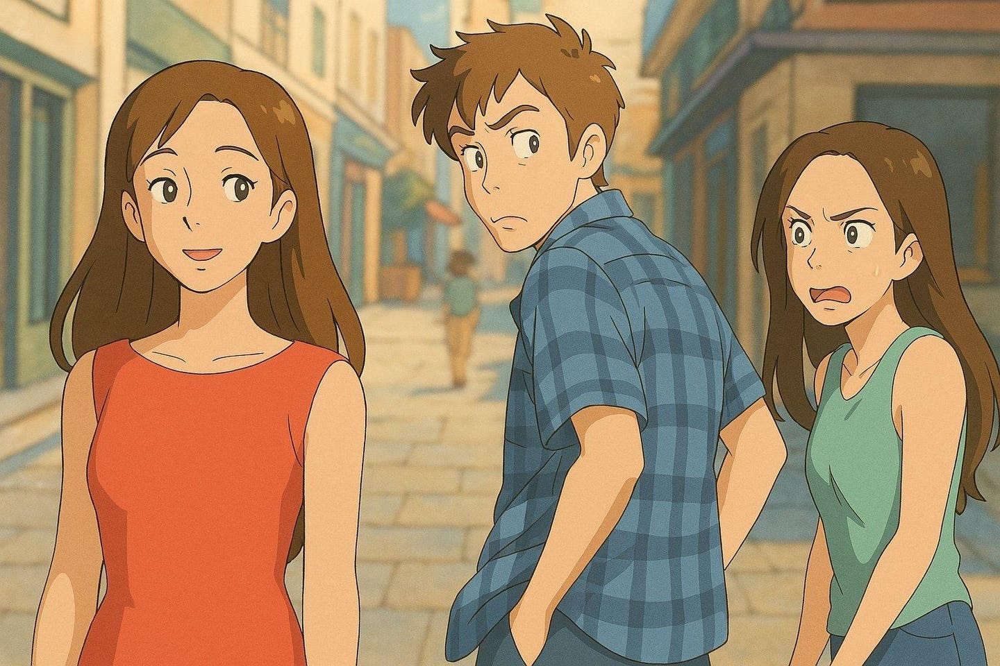 The 'distracted boyfriend' meme turned Studio Ghibli by OpenAI.