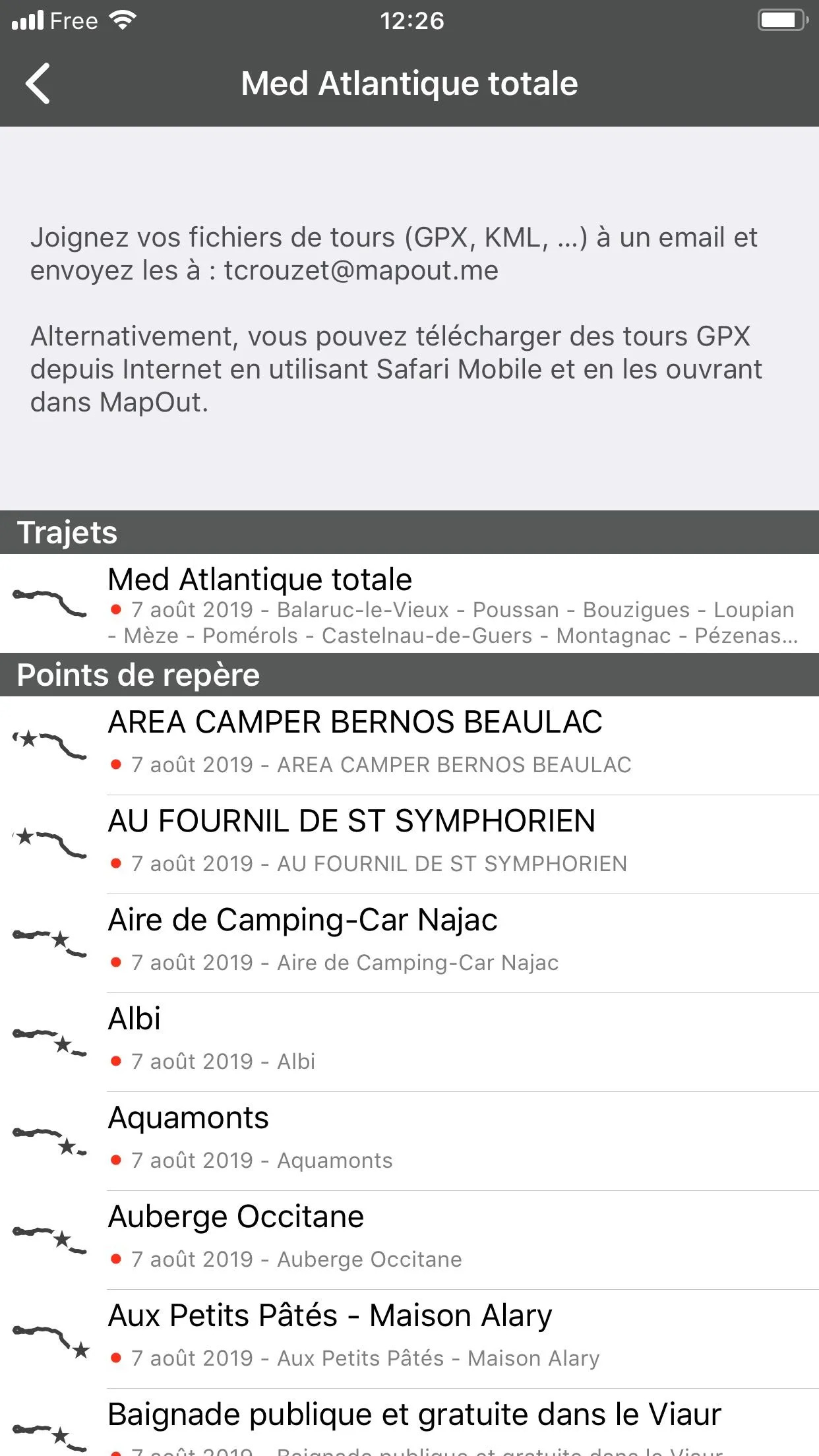 Liste des POI sur MapOut
