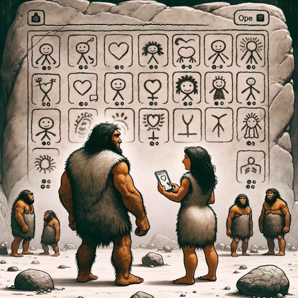 Illustration of a prehistoric scene where a Neanderthal male and female are standing in front of a large stone wall. The wall has etchings that resemble a dating app interface, with profiles of various Neanderthals drawn as stick figures, each accompanied by symbols or drawings that depict their interests or characteristics.