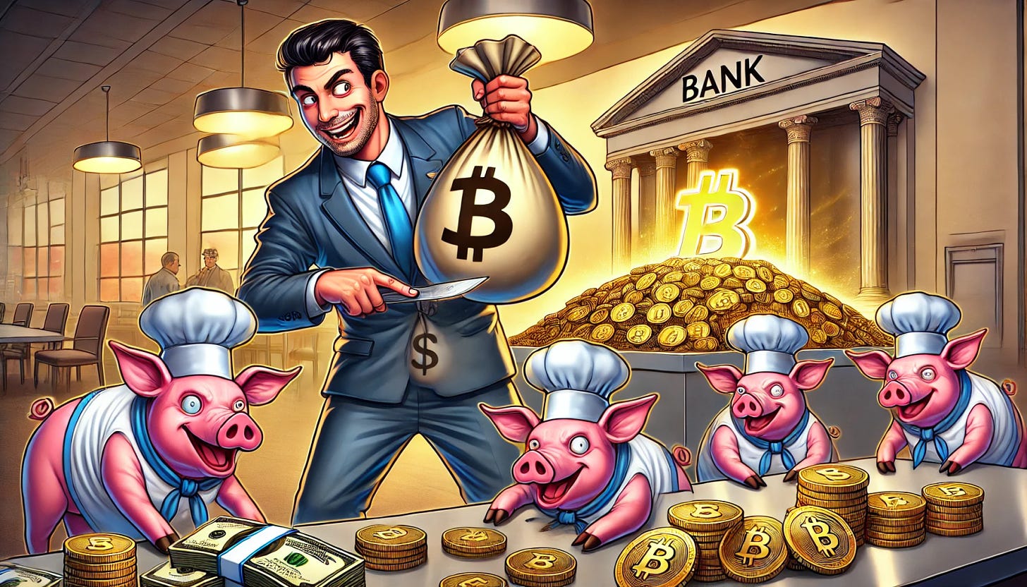 A comical scene depicting a businessman dressed as a CEO, wearing a suit, with a mischievous grin, sneakily transferring large bags of money (with a dollar sign) into a giant, glowing cryptocurrency wallet. In the background, there’s a literal pig butchering scene, exaggerated in a cartoonish way, with pigs in chef hats preparing a feast of crypto coins. The setting is a large office, with a bank logo on the wall. The overall tone is humorous, with exaggerated facial expressions and absurd elements, symbolizing a financial scam involving crypto.