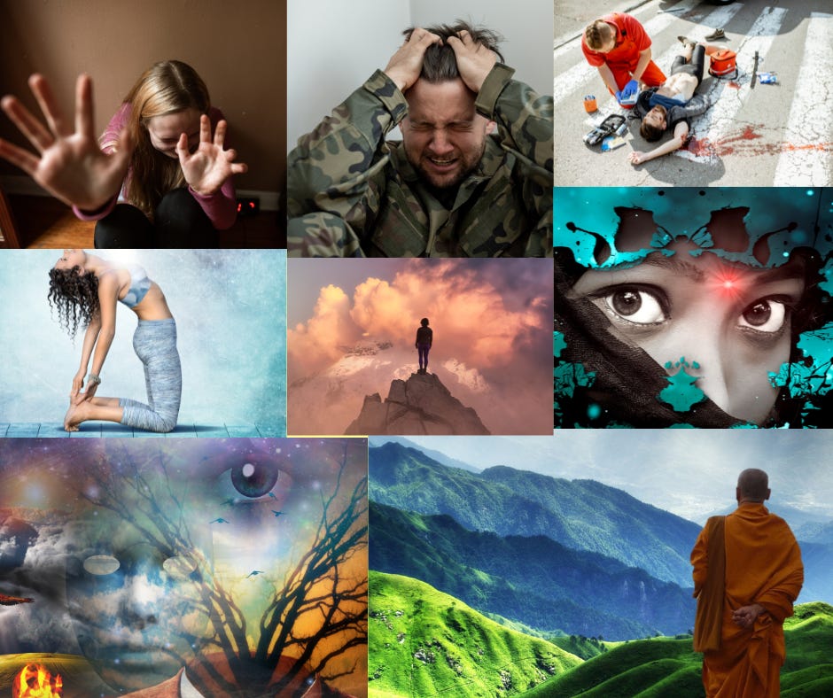 Collage of impactful experience with pictures of ecstatic peak experience in natural setting, or with assistance, and traumatic life threatening events.
