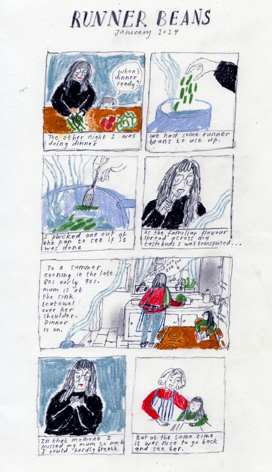 A comic about grief. A woman has a powerful memory triggered by the nostaligic flavour of runner beans 