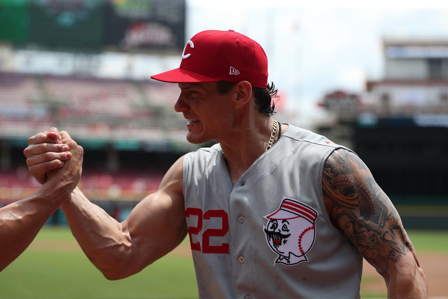 Derek Dietrich and the Reds going full Ted Kluszewski with today's  throwback uniforms. : r/baseball