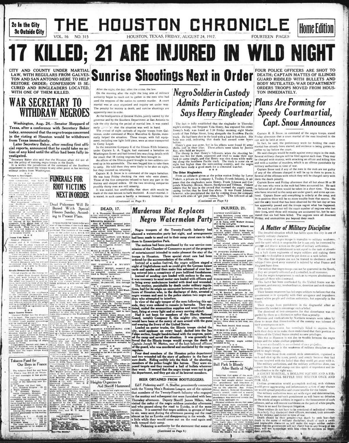 Houston Chronicle front page (HISTORIC) - August 24, 1917. Camp Logan riots - 17 KILLED; 21 INJURED IN WILD NIGHT.