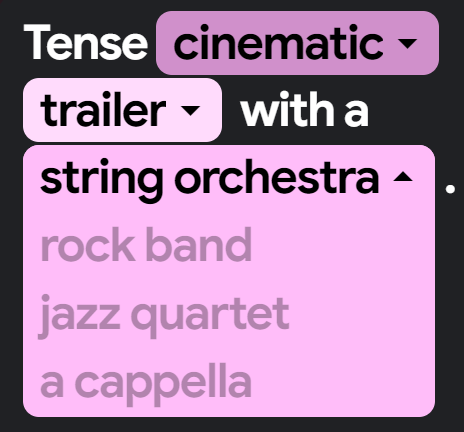MusicFX prompt with dropdowns for orchestra that suggest jazz quartet, a capella, etc.