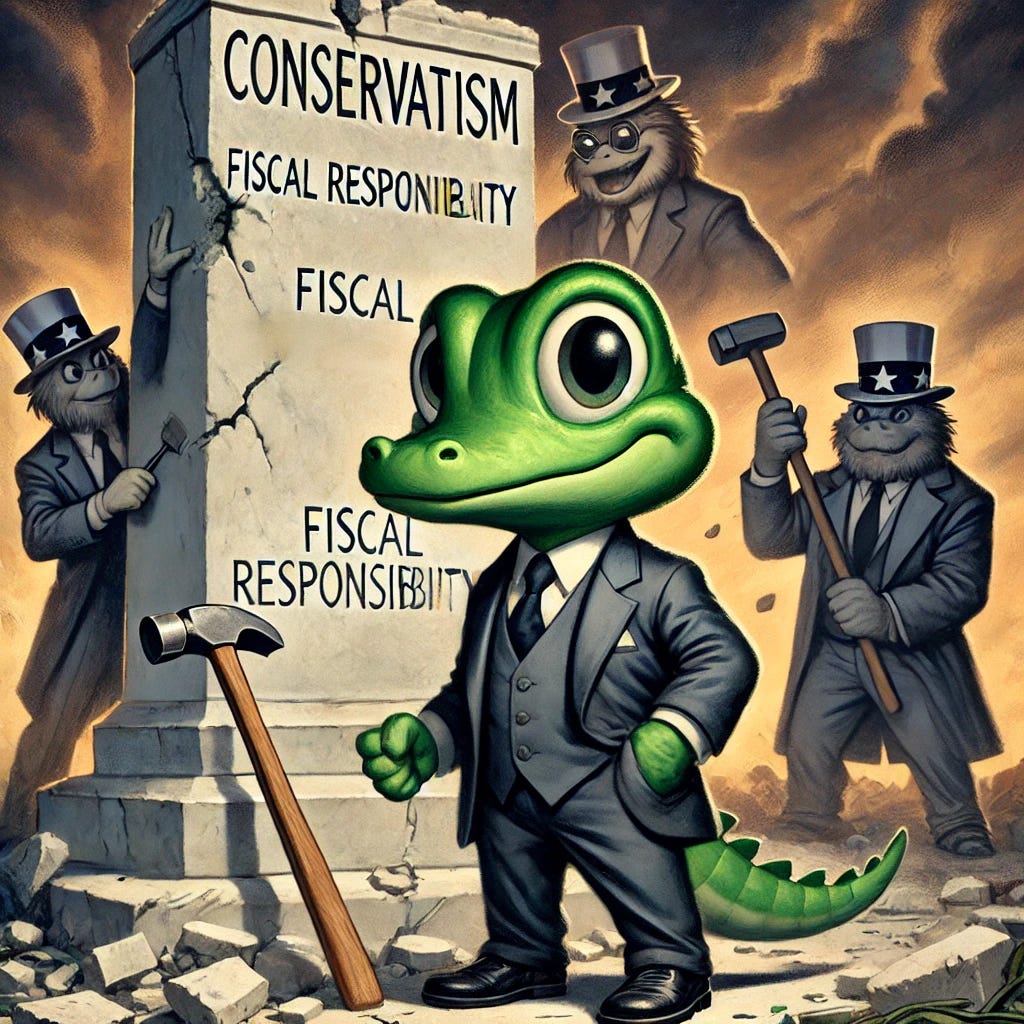 A small, anthropomorphic alligator (Croaky) dressed in a sharp suit and tie, standing in front of a crumbling marble monument labeled 'Conservatism,' holding a sign that says 'Fiscal Responsibility.' Croaky has a determined yet disappointed expression. Behind him, shadowy figures in MAGA hats and suits are chipping away at the monument with hammers, smiling smugly. The background features a cloudy, dramatic sky to emphasize the somber tone. The overall style is Pixar-like, with vibrant and expressive details.