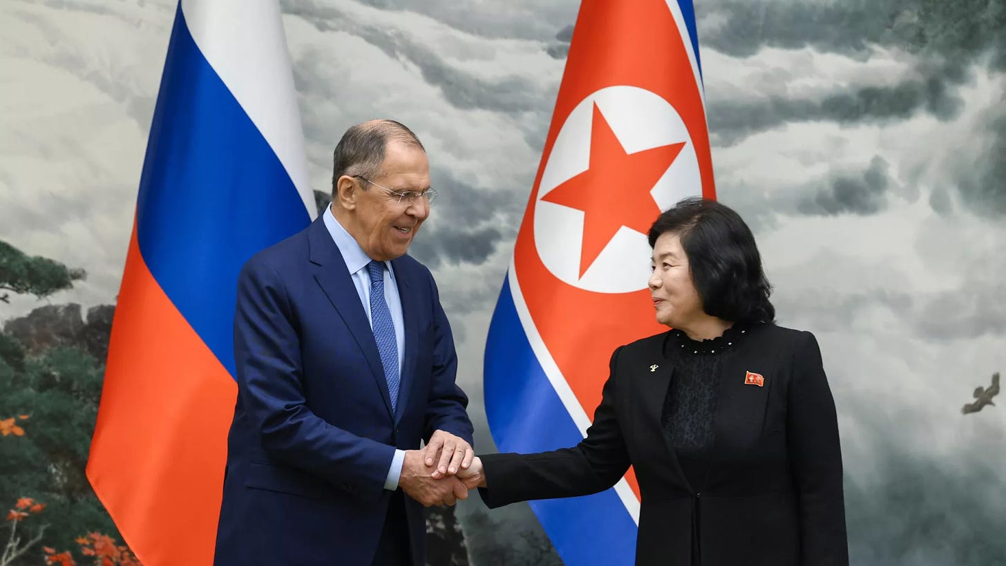 Russian Foreign Minister Sergey Lavrov, left, shakes hands with North Korean Foreign Minister Choe Son Hui during a meeting, in Pyongyang, North Korea.  - Sputnik International, 1920, 02.11.2024