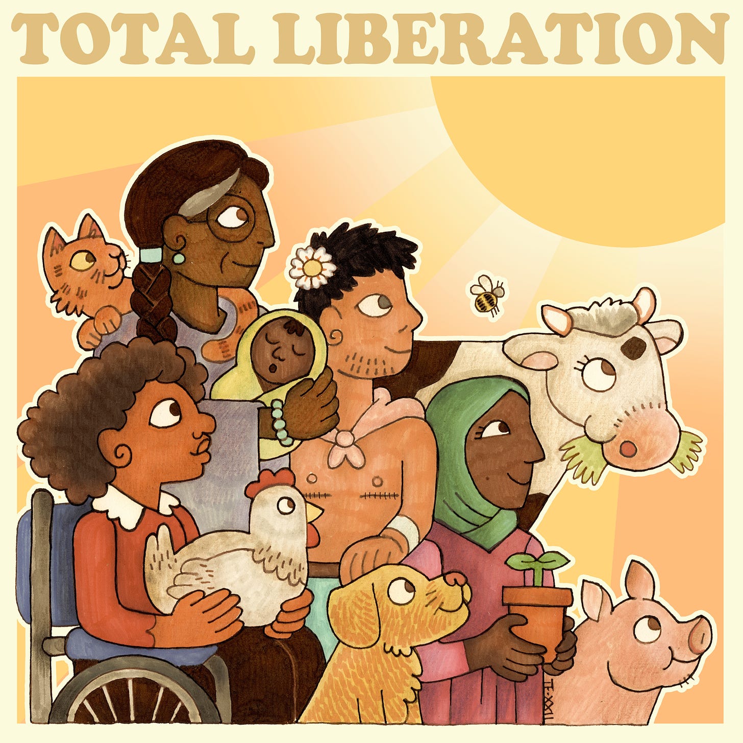 Traditionally hand drawn illustration of several humans and animals looking up at a rising sun. The humans are of various ethnicities, gender identities and body types, and the animals include a cat, dog, chicken, pig, cow and bumblebee.