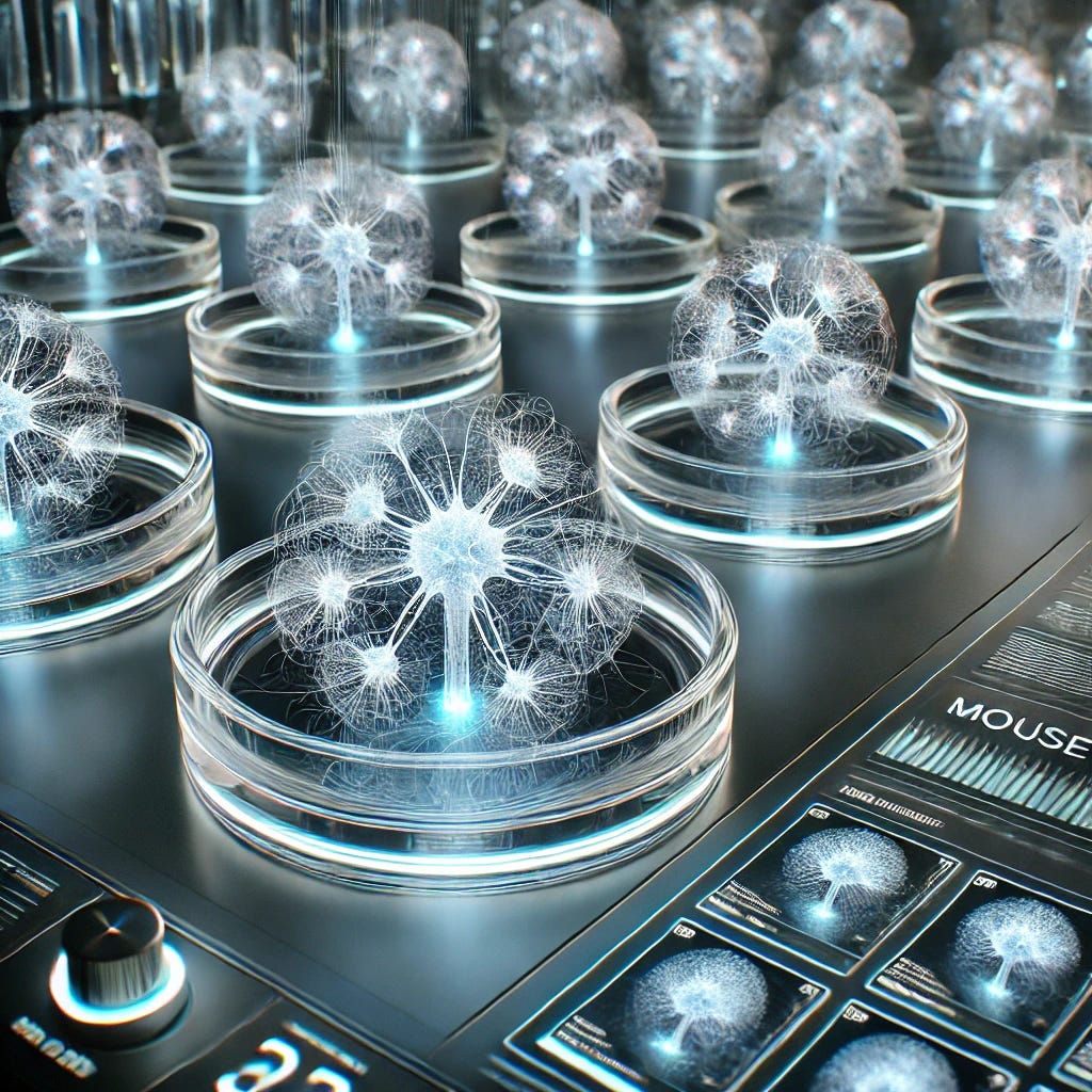A futuristic depiction of mouse neuron clusters used as bioprocessors. The image shows small, intricate neural structures glowing faintly, suspended in bio-gel containers. Each cluster consists of interconnected, web-like neurons emitting soft pulses of light, representing localized processing activity. The environment is a high-tech laboratory with subtle lighting, featuring scientific equipment and screens monitoring the clusters' activity. The overall atmosphere conveys the blending of biology and technology, showcasing the efficiency and beauty of these small, living processors.