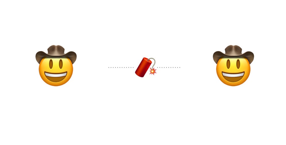 Two cowboy emojis with a dynamite emoji between them on a thin line