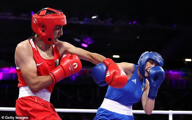 Khelif (left) made light work of Italian Angela Carini, beating her in 46 seconds in their round of 16 bout at the Paris Olympics (pictured)