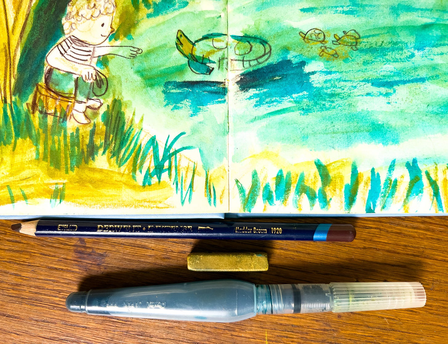 illustration of boy and swimming turtles by Beth Spencer