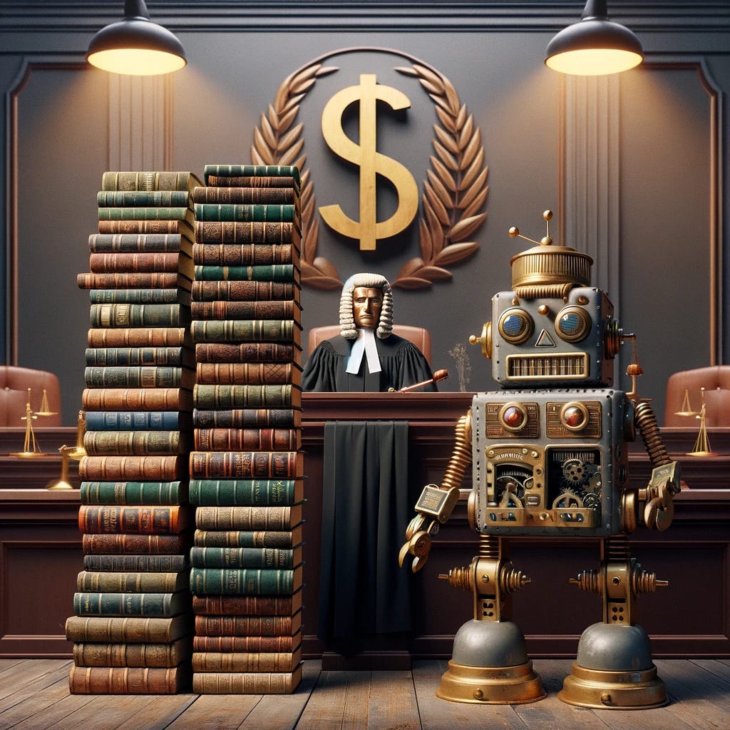 In a courtroom with a judge who sits under a giat dollar sign  One robot stands to the right of the judge and a stack of book sits to the left.
