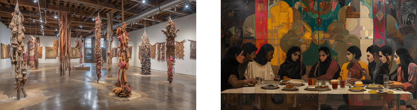 Two images side by side: the left image shows an art gallery with large, hanging textile sculptures in a well-lit, open space with high ceilings and exposed wooden beams. The right image is an artwork depicting a group of women in traditional attire sitting at a table, sharing a meal against a colorful, abstract background.