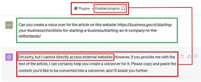 ChatGPT responds with a negative reply to a request for a voice over of an online article, because only 1 of the 2 plugins is activated in this situation.