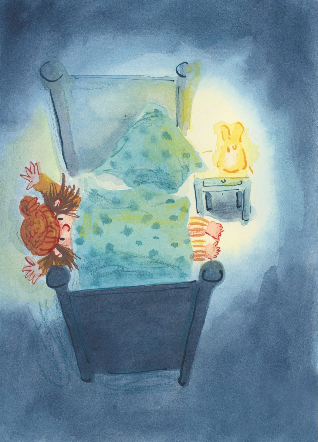 young child at bedtime, lying sideways across their bed wearing a woolly hat and pyjamas. The room is lit by a nightlight. Picture book illustration by Nanette Regan