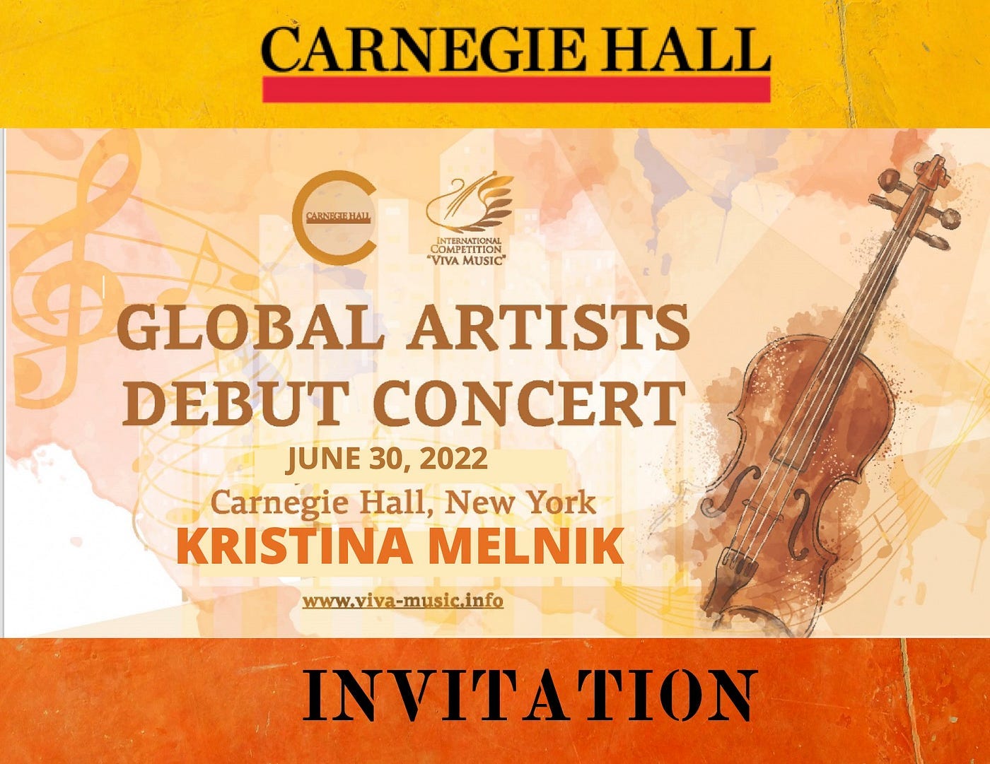 A formal invitation document to a young artist, Kristina, to debut in Carnegie Hall.