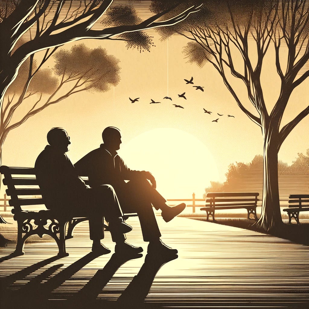 Create an image in a style reminiscent of early to mid-20th century American illustrative art. The scene features silhouettes of an elderly man and a younger man seated on an old wooden bench in a park. The silhouettes are defined and stark against a softly glowing sunset background, enhancing the sense of a tranquil and reflective atmosphere. The park setting is suggested through the subtle outlines of trees and a path, contributing to the serene and timeless feel of the image.