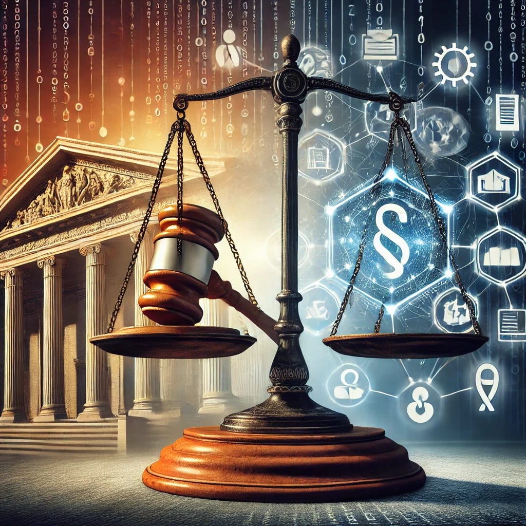 A symbolic representation of the intersection of legal compliance and information governance. The image features a balanced scale with one side holding a stack of legal documents and a gavel, and the other side holding a network of interconnected data symbols and a shield representing information security. The background includes elements of both a courthouse and a digital network, merging traditional legal symbols with modern data governance imagery. The overall atmosphere is balanced and integrative, reflecting the harmony between law and technology.