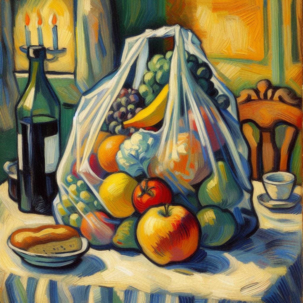Colorful AI generated painterly image of French post-impressionist style still life featuring a plastic bag of groceries on the table.