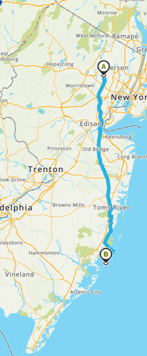 Map of New Jersey showing the approximate route taken by me and Albert on our 2-day haphazardly-planned bike ride  from North Caldwell to Beach Haven, on Long Beach Island