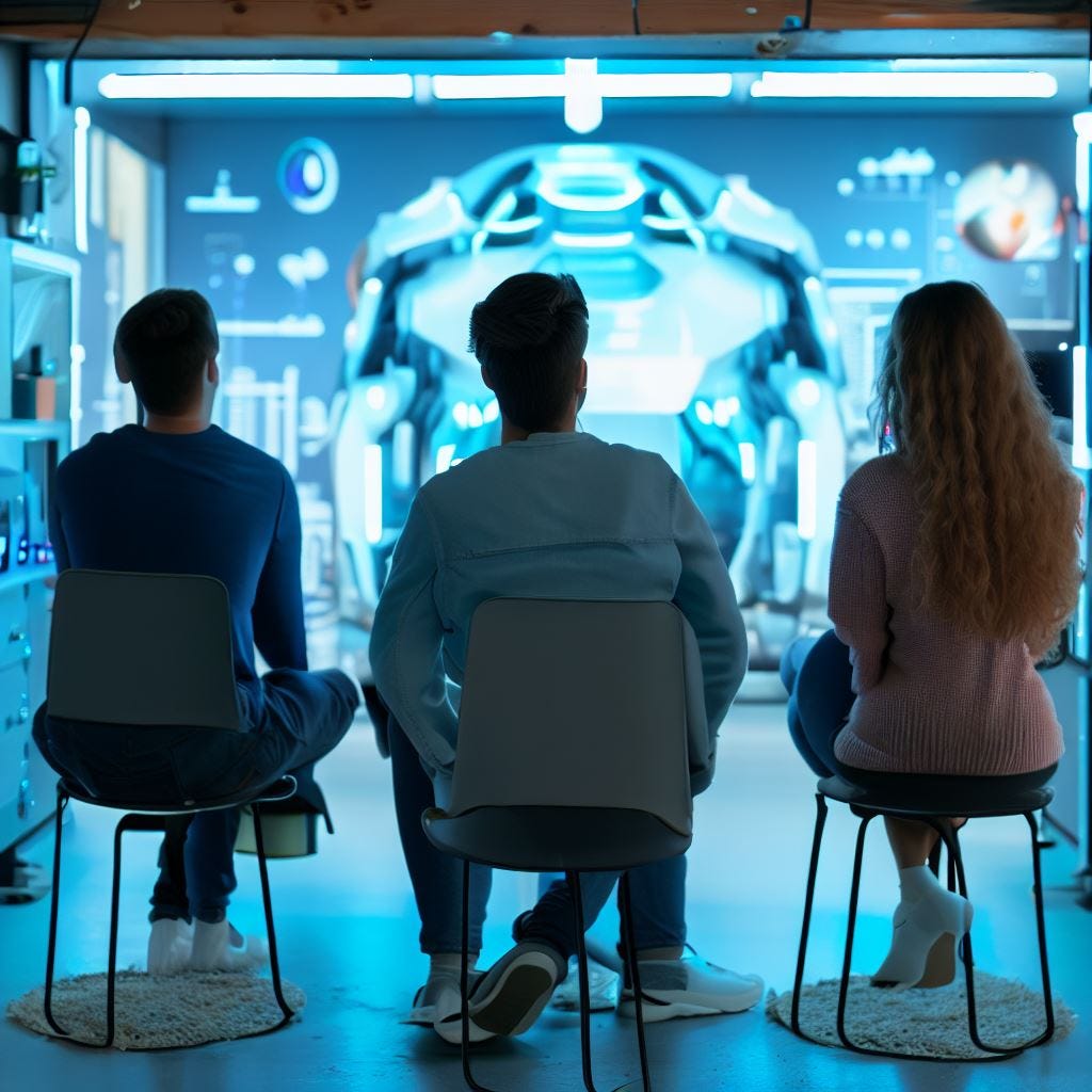 picture of startup two male and two female founders (all seen from behind) sitting in a futuristic garage starting an AI company