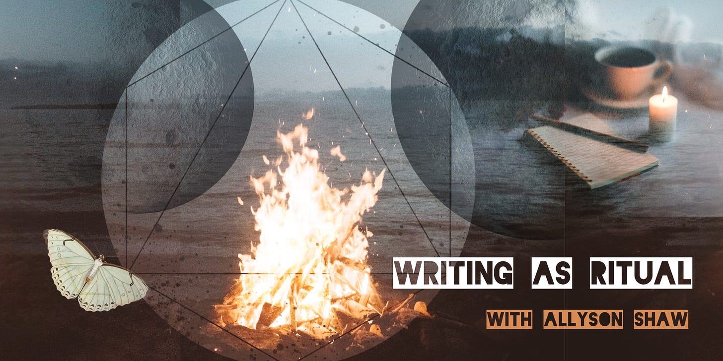 Promotional image for the Writing as Ritual Workshop with a bonfire burning in the sea, a cup of tea, notebook, candle, butterfly and moon are collaged over