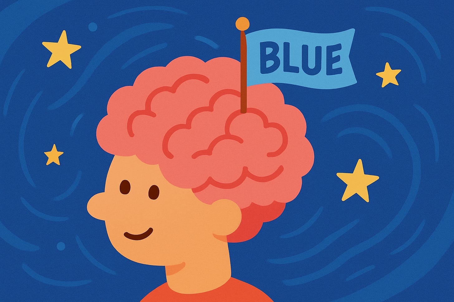 A cartoon of a person's head, with a part of their brain clearly labelled as holding the color "blue"