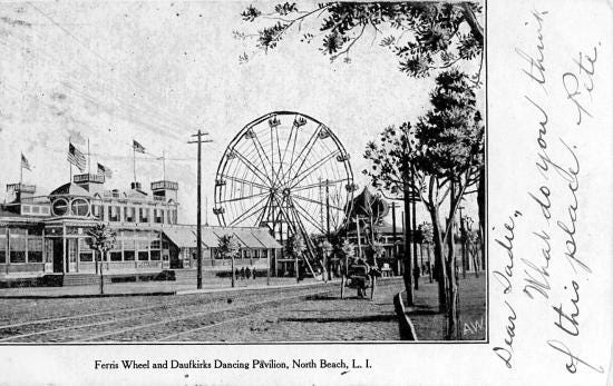 Postcard from North Beach amusement park, Long Island, showing a ferris wheel and pavilion. Handwritten message down the side: 'What do you think of this place'.