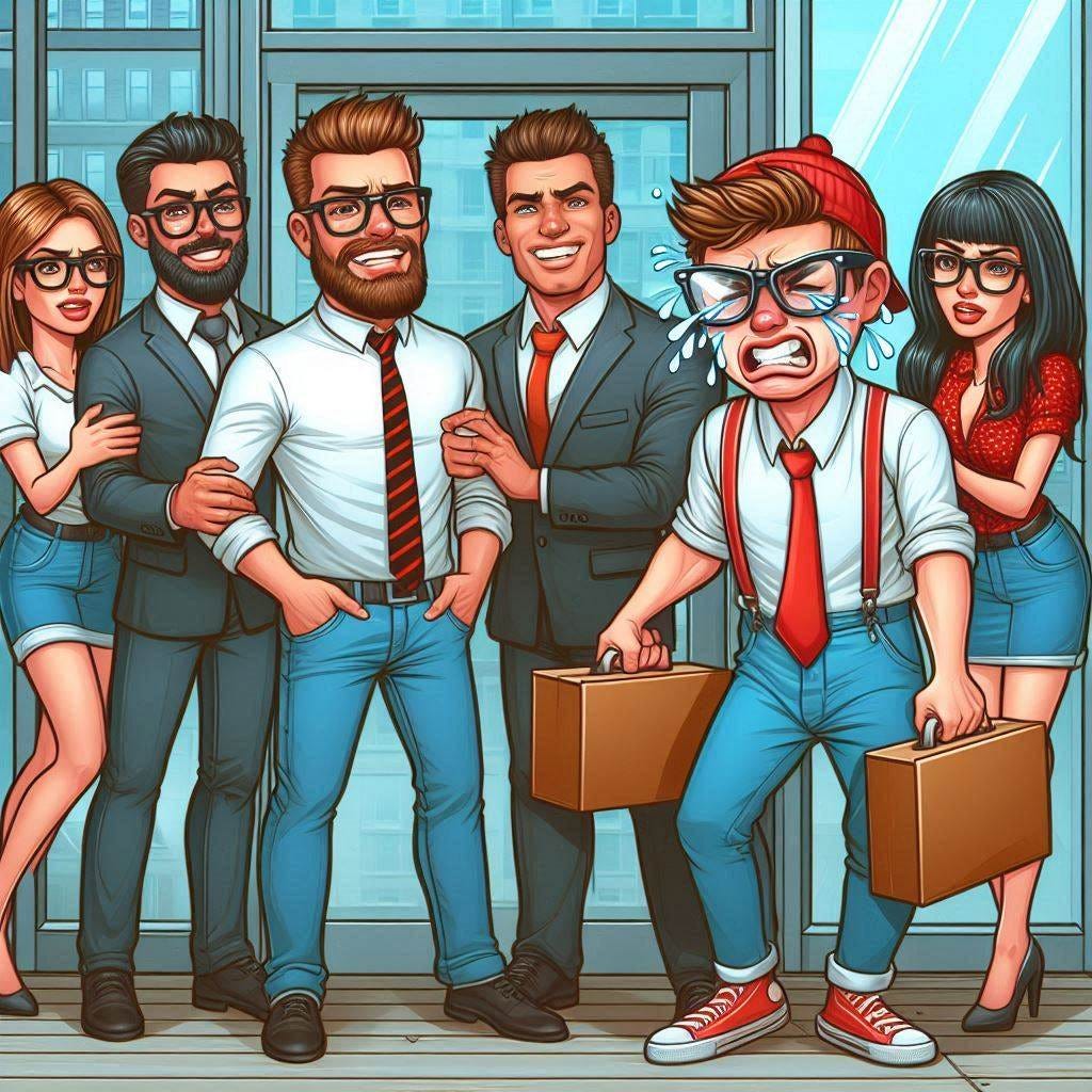 A group of attractive men and women evict an angry, crying nerd from a building. Cartoon.