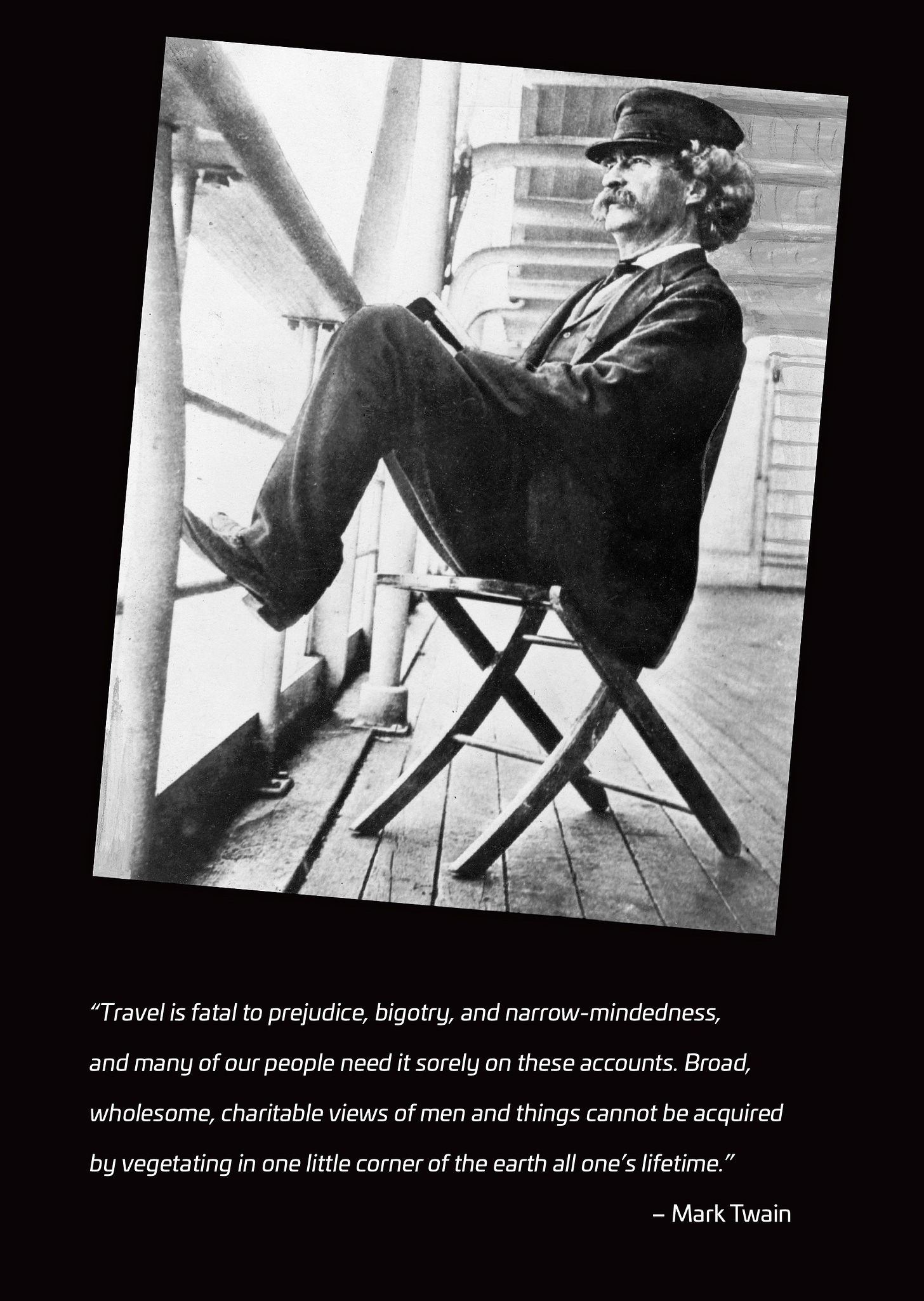 picture of Mark Twain on the deck of a steamship with one of his quotes in the caption