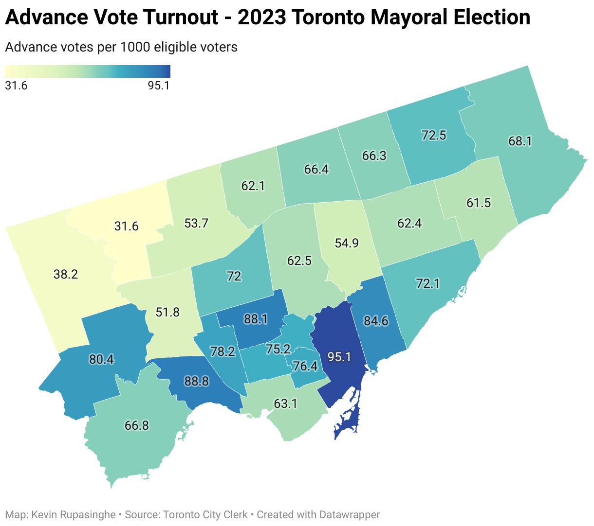 A map showing advance vote turnout by ward, per 1,000 eligible voters