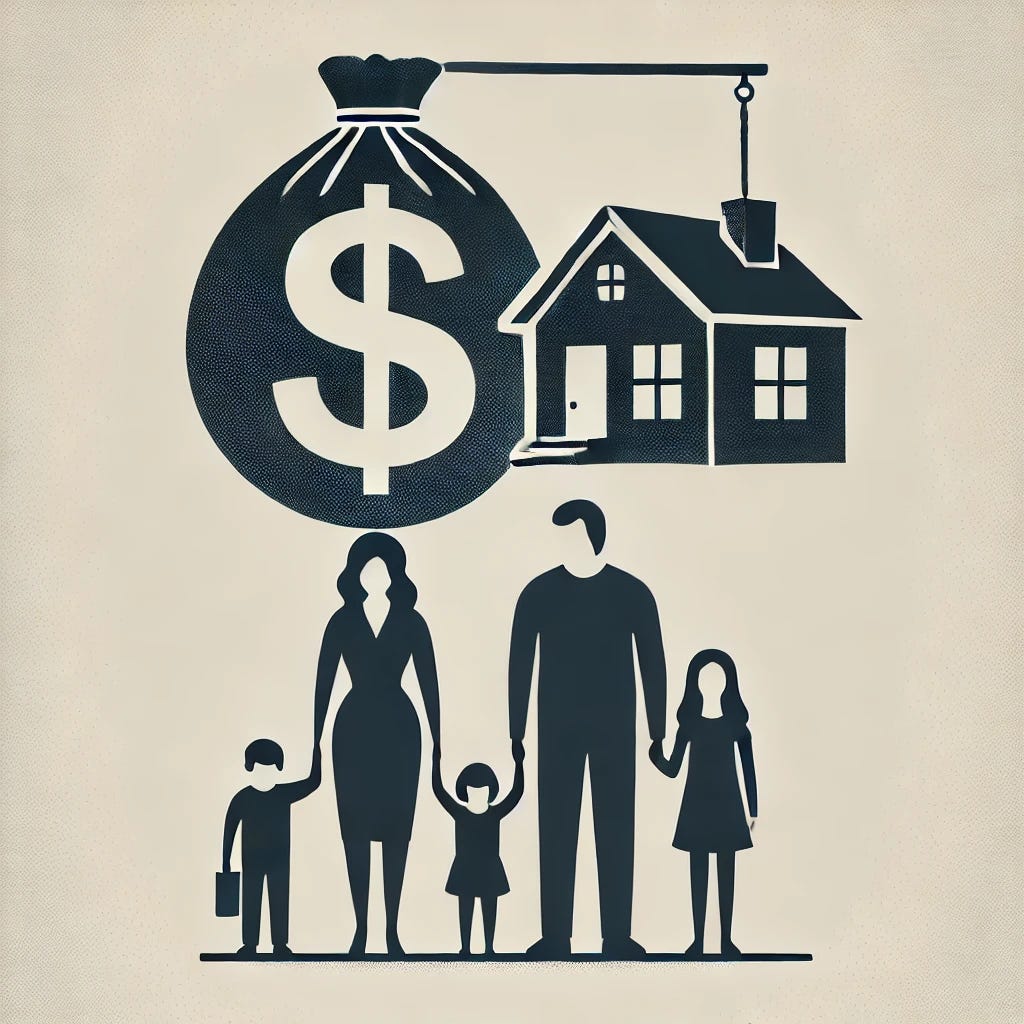 A simple, minimalist graphic representing the idea that Texas property taxes hurt families. The image features an outline of a house with a dollar sign weighing it down, symbolizing the burden of taxes. In the foreground, a family silhouette stands together, showing the impact of taxes on them. The background is clean with no text, focusing on the imagery of financial strain on families.