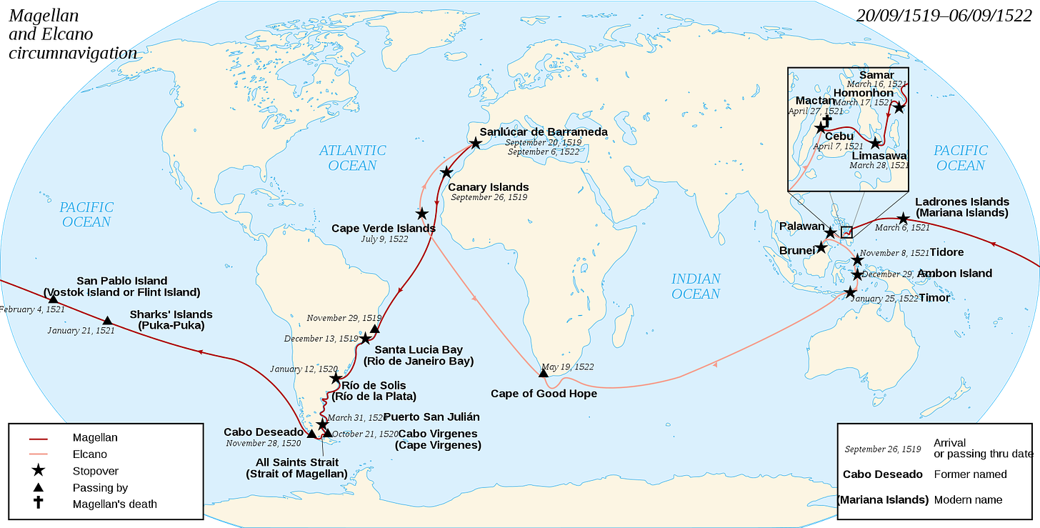 By Magellan_Elcano_Circumnavigation-fr.svg: Sémhurderivative work: Uxbona (talk) - Magellan_Elcano_Circumnavigation-fr.svg, CC BY-SA 3.0, https://commons.wikimedia.org/w/index.php?curid=8448739