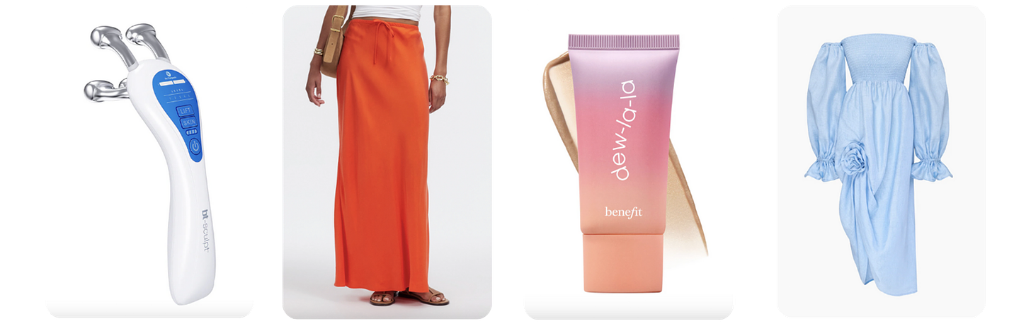 Images of the Bio-Therapeautic bt-sculpt microcurrent device, a Madewell slip skirt, Benefit's Dew-La-La glowy highlighter, and a blue dress from Sleeper.