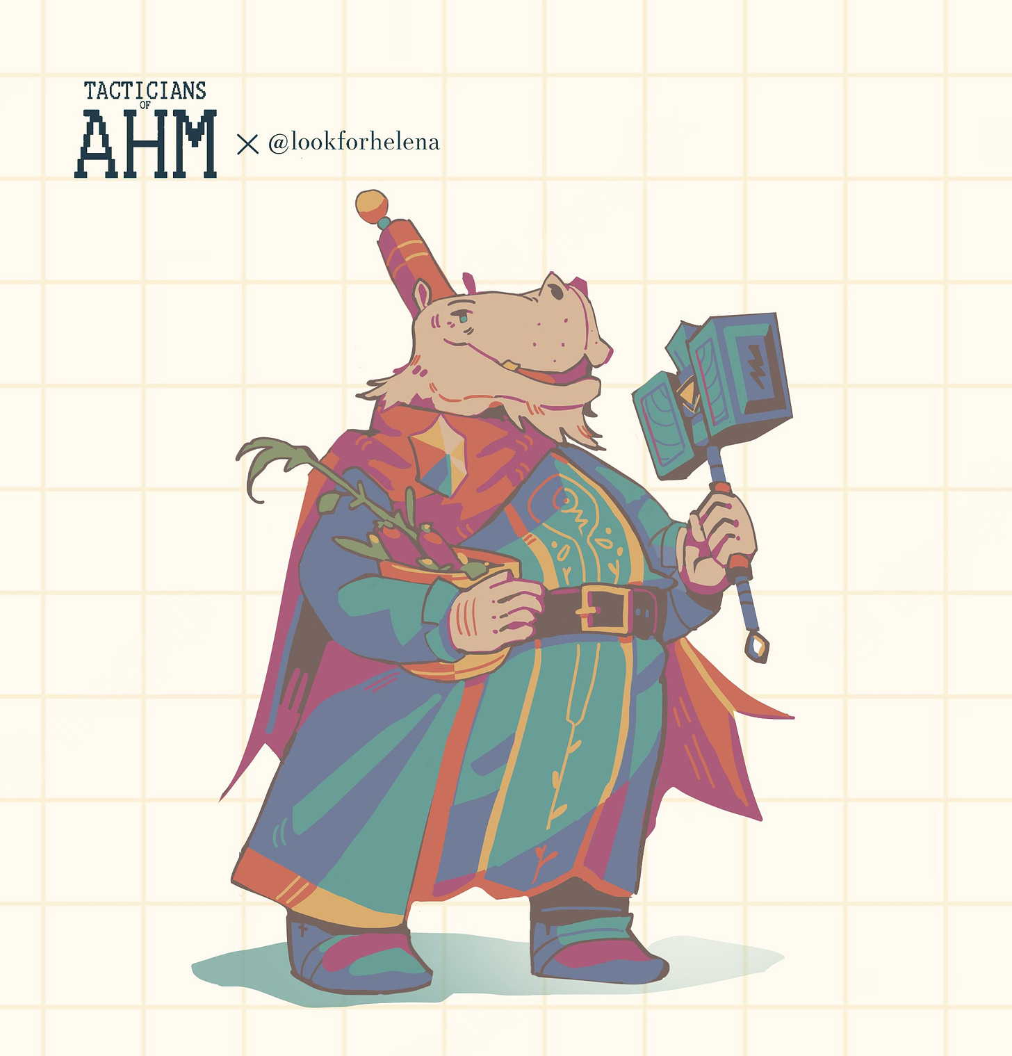 A big and burly, pudgy hippofolk man in turquoise and gold cleric robes with a cape and Tactician's crest (and a little fez hat) wielding a big storm-themed warhammer and carrying a basket of fresh veggies (including several eggplants)