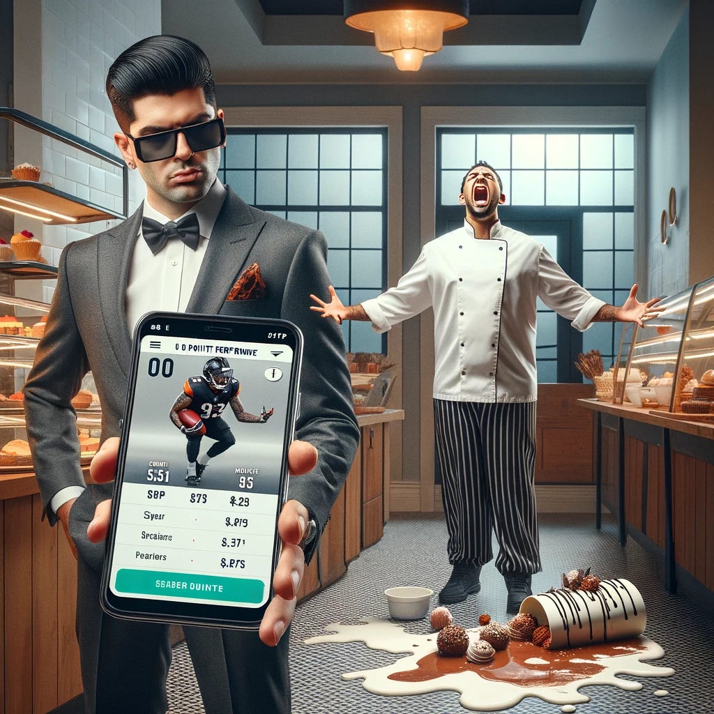 A smug fantasy football manager in a very modern, 2023 bakery, dressed in ultra-trendy, stylish clothes, displaying a 0 point performance from Zay Jones on a sleek smartphone. The manager's expression is smug and douchy, reflecting a modern and confident attitude. In the background, a pastry chef, dressed in a sleek, contemporary chef uniform, is dramatically crying over a splattered cake on the floor. The bakery is filled with clean, modern design elements, highlighting the contrast between the manager's arrogant demeanor and the chef's emotional reaction. A smug fantasy football manager in a very modern, 2023 bakery, dressed in ultra-trendy, stylish clothes, displaying a 0 point performance from Zay Jones on a sleek smartphone. The manager's expression is smug and douchy, reflecting a modern and confident attitude. In the background, a pastry chef, dressed in a sleek, contemporary chef uniform, is dramatically crying over a splattered cake on the floor. The bakery is filled with clean, modern design elements, highlighting the contrast between the manager's arrogant demeanor and the chef's emotional reaction.