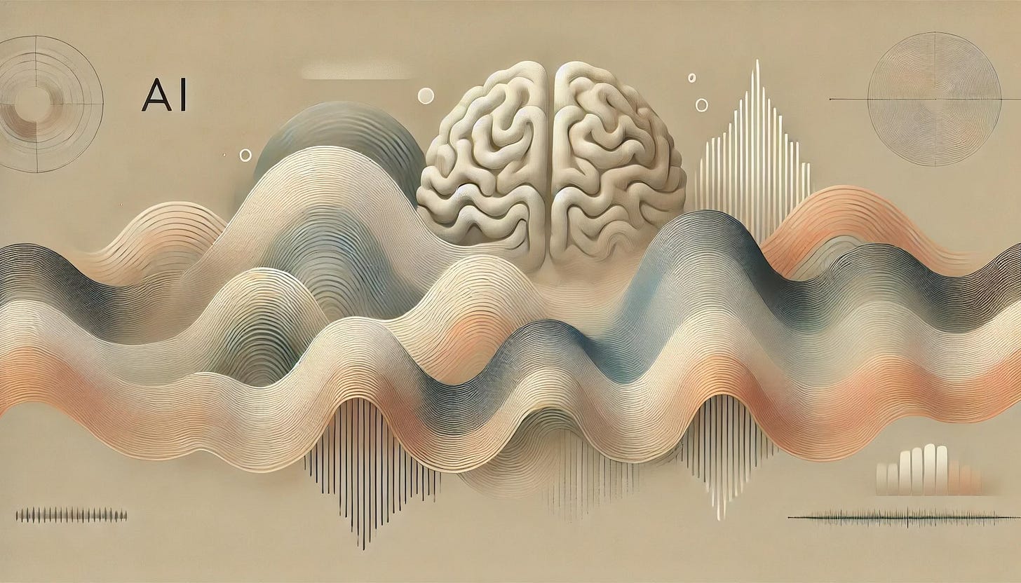 A minimalist illustration representing AI-generated audio, featuring a central brain-like shape with smooth, abstract soundwaves flowing outward. The waves are rendered in soft, fluid lines, using a muted color palette of earth tones, including gentle beige, light orange, and subtle gradients of blue. The background is neutral, with hints of geometric patterns and circular elements, evoking a sense of modern technology and calm harmony. The overall style is clean and elegant, with a warm and serene aesthetic.